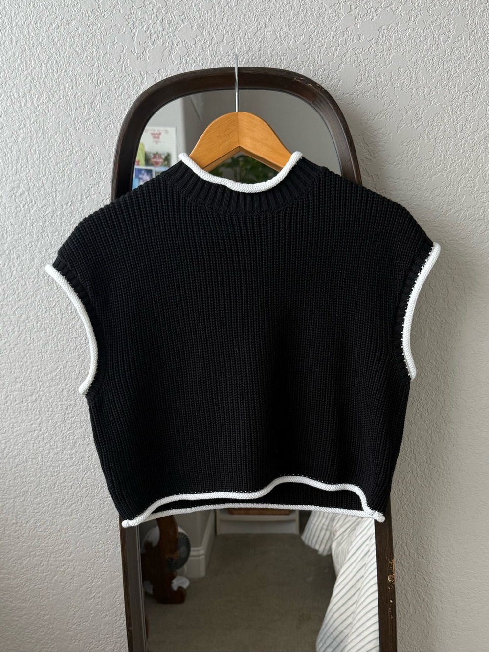Black Knit Sweater Vest with White Trim